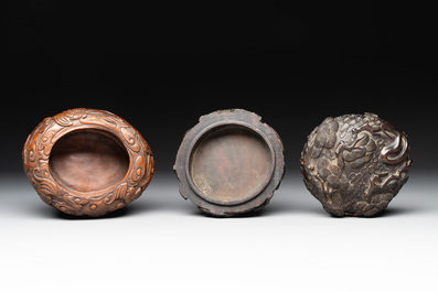 Two Chinese carved bamboo water pots and a hongmu covered box, 19th C.