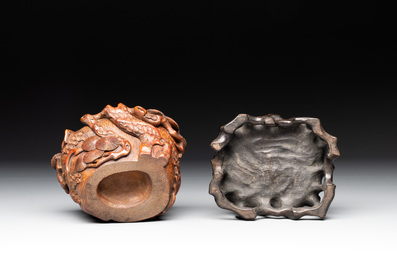 Two Chinese carved bamboo water pots and a hongmu covered box, 19th C.
