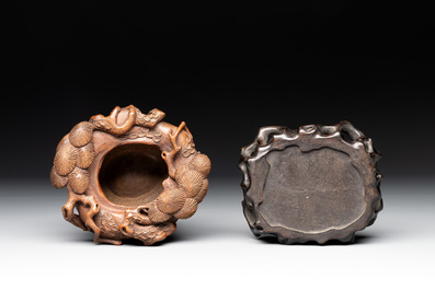 Two Chinese carved bamboo water pots and a hongmu covered box, 19th C.