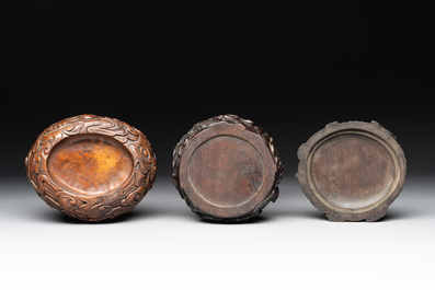 Two Chinese carved bamboo water pots and a hongmu covered box, 19th C.
