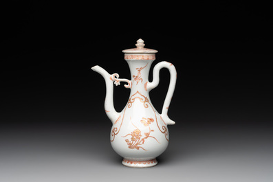 A Chinese iron-red and gilt-decorated ewer with floral design, Kangxi