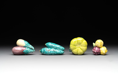 A collection of 12 Chinese famille rose fruit models, including a peach-shaped box and cover, 19th C.