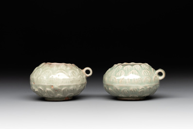 A pair of Chinese Longquan celadon bird feeders, Song