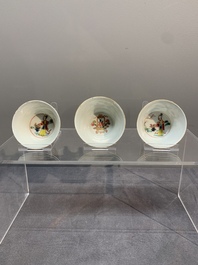 A varied collection of five Chinese famille rose cups and six saucers, Yongzheng/Qianlong