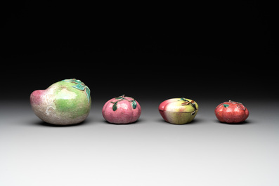 A collection of 12 Chinese famille rose fruit models, including a peach-shaped box and cover, 19th C.