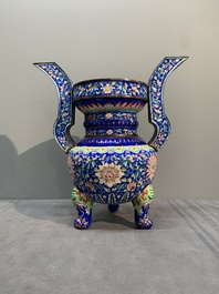 A Chinese blue-ground Canton enamel 'flower scroll' censer, Qianlong