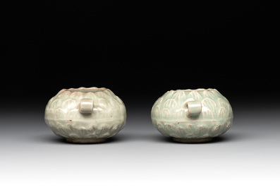 A pair of Chinese Longquan celadon bird feeders, Song