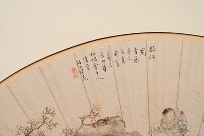 A Chinese fan with folk tale, ink and colour on paper, signed Yuan Qichao 袁啟潮, 19th C.