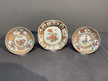 A varied collection of five Chinese famille rose cups and six saucers, Yongzheng/Qianlong