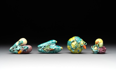 A collection of 12 Chinese famille rose fruit models, including a peach-shaped box and cover, 19th C.