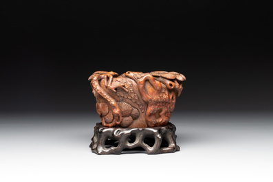 Two Chinese carved bamboo water pots and a hongmu covered box, 19th C.