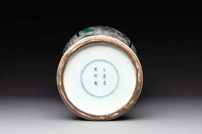 A large Chinese verte biscuit vase with narrative design, Kangxi mark, 19th C.
