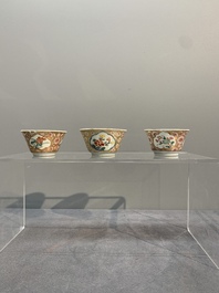 A varied collection of five Chinese famille rose cups and six saucers, Yongzheng/Qianlong