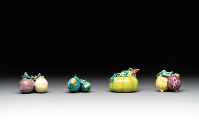 A collection of 12 Chinese famille rose fruit models, including a peach-shaped box and cover, 19th C.