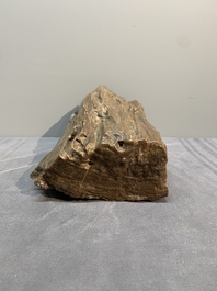 A Chinese petrified wood scholar's rock on wooden stand, 17/18th C.