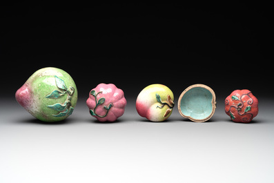 A collection of 12 Chinese famille rose fruit models, including a peach-shaped box and cover, 19th C.
