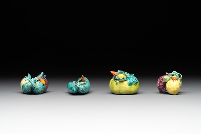 A collection of 12 Chinese famille rose fruit models, including a peach-shaped box and cover, 19th C.