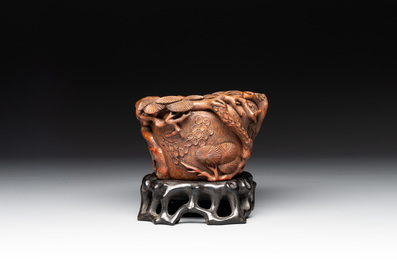 Two Chinese carved bamboo water pots and a hongmu covered box, 19th C.