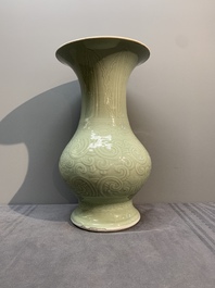 A Chinese incised celadon-glazed 'chilong' vase, Kangxi