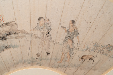 A Chinese fan with folk tale, ink and colour on paper, signed Yuan Qichao 袁啟潮, 19th C.
