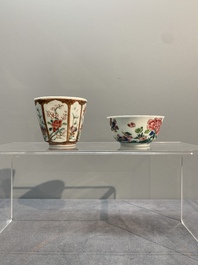 A varied collection of five Chinese famille rose cups and six saucers, Yongzheng/Qianlong