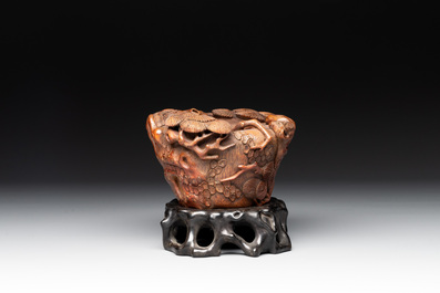 Two Chinese carved bamboo water pots and a hongmu covered box, 19th C.