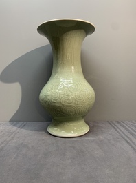 A Chinese incised celadon-glazed 'chilong' vase, Kangxi