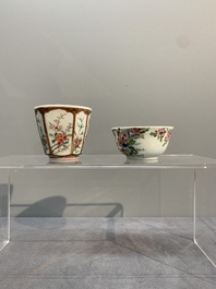 A varied collection of five Chinese famille rose cups and six saucers, Yongzheng/Qianlong
