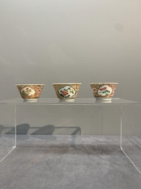 A varied collection of five Chinese famille rose cups and six saucers, Yongzheng/Qianlong