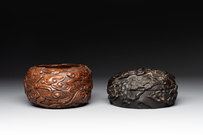 Two Chinese carved bamboo water pots and a hongmu covered box, 19th C.