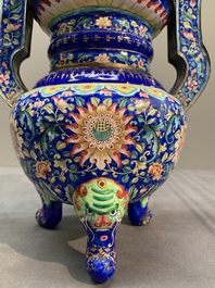 A Chinese blue-ground Canton enamel 'flower scroll' censer, Qianlong