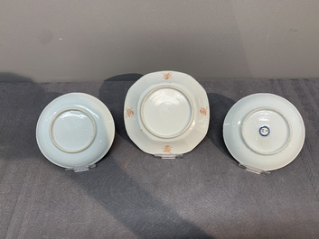 A varied collection of five Chinese famille rose cups and six saucers, Yongzheng/Qianlong