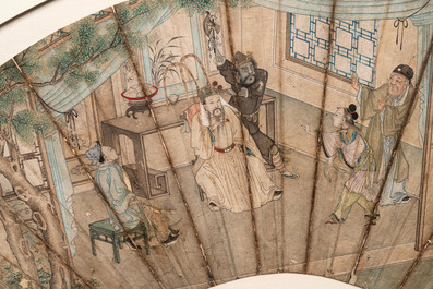 A Chinese fan with folk tale, ink and colour on paper, 19th C.