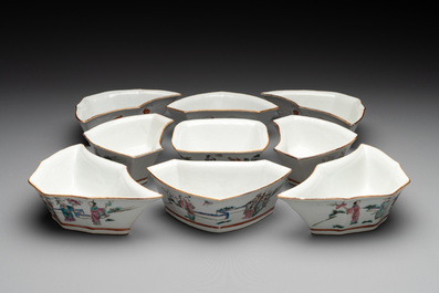 A Chinese famille rose nine-piece sweetmeat or rice table set, Tongzhi mark, 19th C.