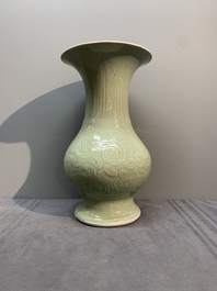A Chinese incised celadon-glazed 'chilong' vase, Kangxi