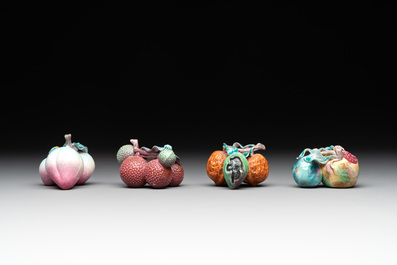 A collection of 12 Chinese famille rose fruit models, including a peach-shaped box and cover, 19th C.