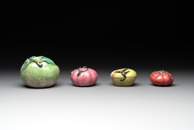 A collection of 12 Chinese famille rose fruit models, including a peach-shaped box and cover, 19th C.