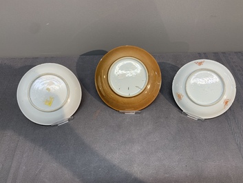 A varied collection of five Chinese famille rose cups and six saucers, Yongzheng/Qianlong