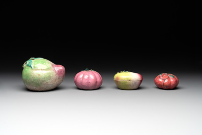 A collection of 12 Chinese famille rose fruit models, including a peach-shaped box and cover, 19th C.