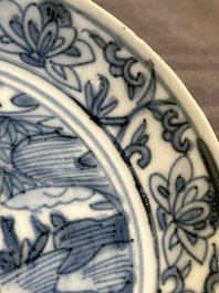 RETURNED 10/12/24 Five Chinese Swatow blue and white 'rooster' plates, Ming