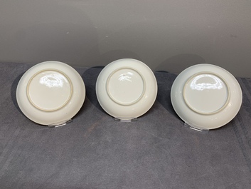 Six Chinese Canton famille rose 'mandarin subject' cups and seven saucers, Yongzheng/Qianlong