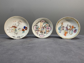 Six Chinese Canton famille rose 'mandarin subject' cups and seven saucers, Yongzheng/Qianlong