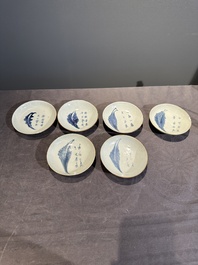 Six Chinese blue and white 'leaf and poem' saucers, Shunzhi