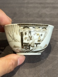 A fine Chinese gilt-decorated grisaille 'Xi Xiang Ji' cup and saucer, Yongzheng