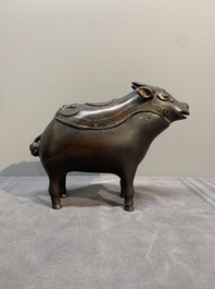 Two Chinese bronze buffalo-form vessels and covers, 'xizun 犧尊', Ming