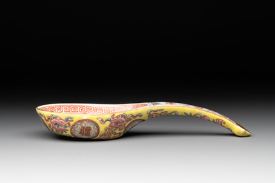 A rare Chinese imperial famille rose yellow-ground spoon, Guangxu mark and of the period