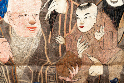 Five Chinese embroidered silk cloths with phoenixes, Buddhist lions and Sanxing, 19/20th C.