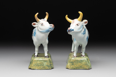 A pair of polychrome Dutch Delft cows, 18th C.