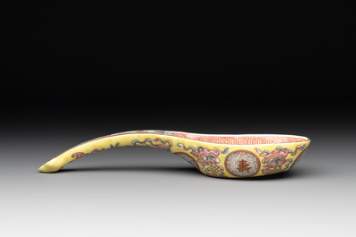A rare Chinese imperial famille rose yellow-ground spoon, Guangxu mark and of the period