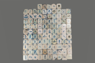 105 polychrome, blue and white Dutch Delft tiles with figures, flowers and animals, 17/18th C.